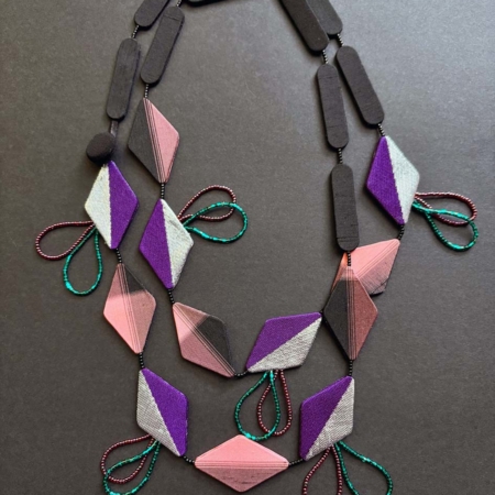 harlequin-necklace-silk-kimono - contemporary textile jewelry - artist - unique piece - valerie Hangel - carouge- geneva